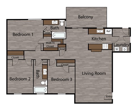 a floor plan of a bedroom apartment with a living room and a dining room